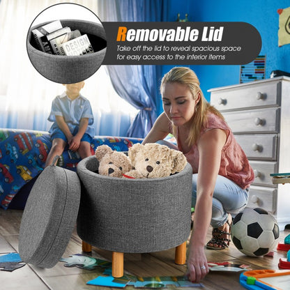 Round Fabric Storage Ottoman with Tray and Non-Slip Pads for Bedroom Organization