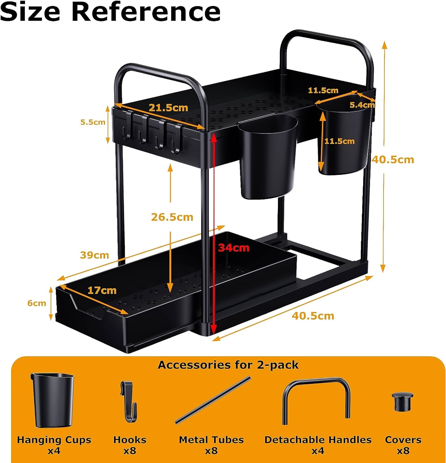 2-Pack 2-Tier Under Sink Organizer with Sliding Design, Hooks, and Hanging Cups for Kitchen and Bathroom Storage - Black