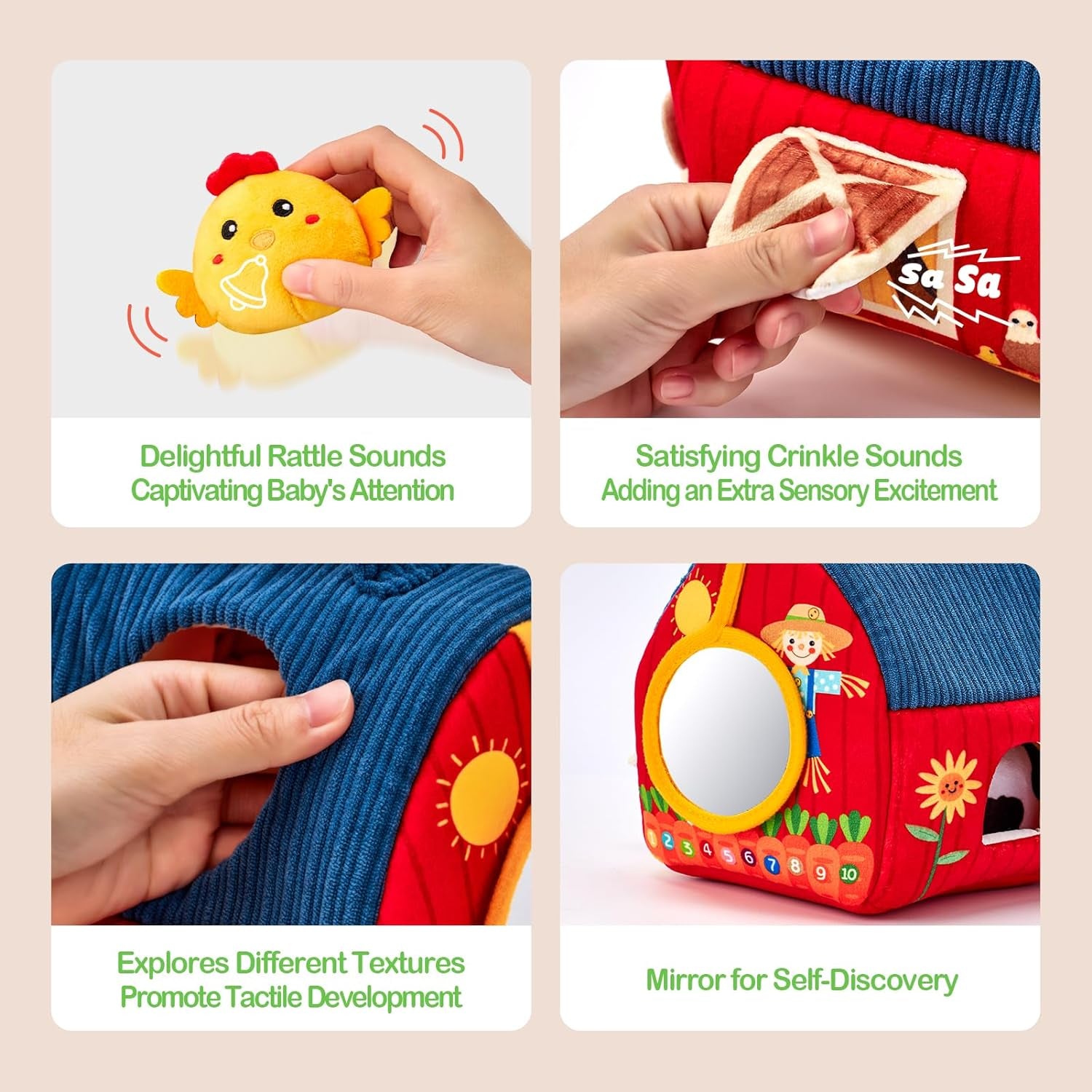 Surprise Barn Plush Farm Animal Rattles and Mirror Baby Toys, Sensory Development Toys  6-12 Months - Travel Toys 