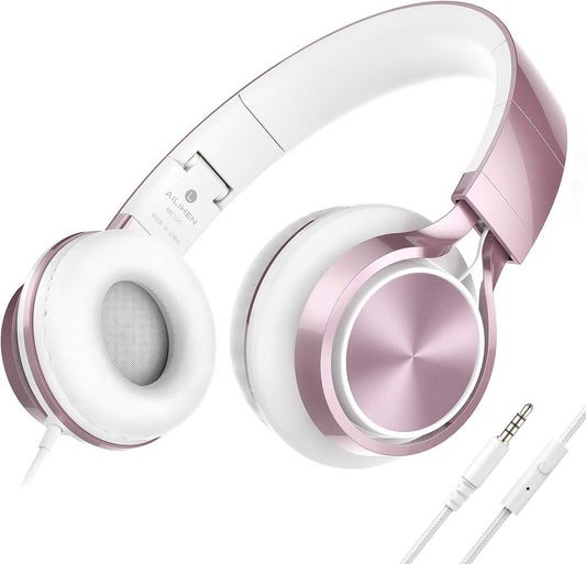 Rose Gold Wired On-Ear Headphones for Kids with Microphone, Adjustable and Foldable Design, Tangle-Free, Compatible with Chromebook and Laptop (3.5mm Jack)