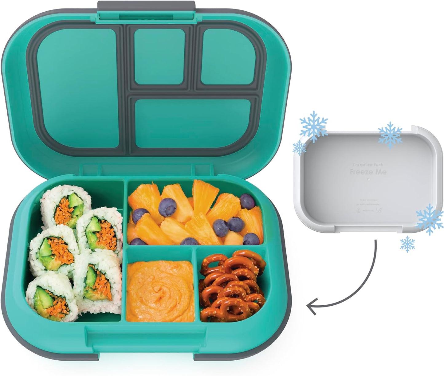 Children's Leak-Proof Lunch Box with Reusable Ice Pack - 4-Compartment Bento Container, Microwave & Dishwasher Safe, 2-Year Warranty (Gray)