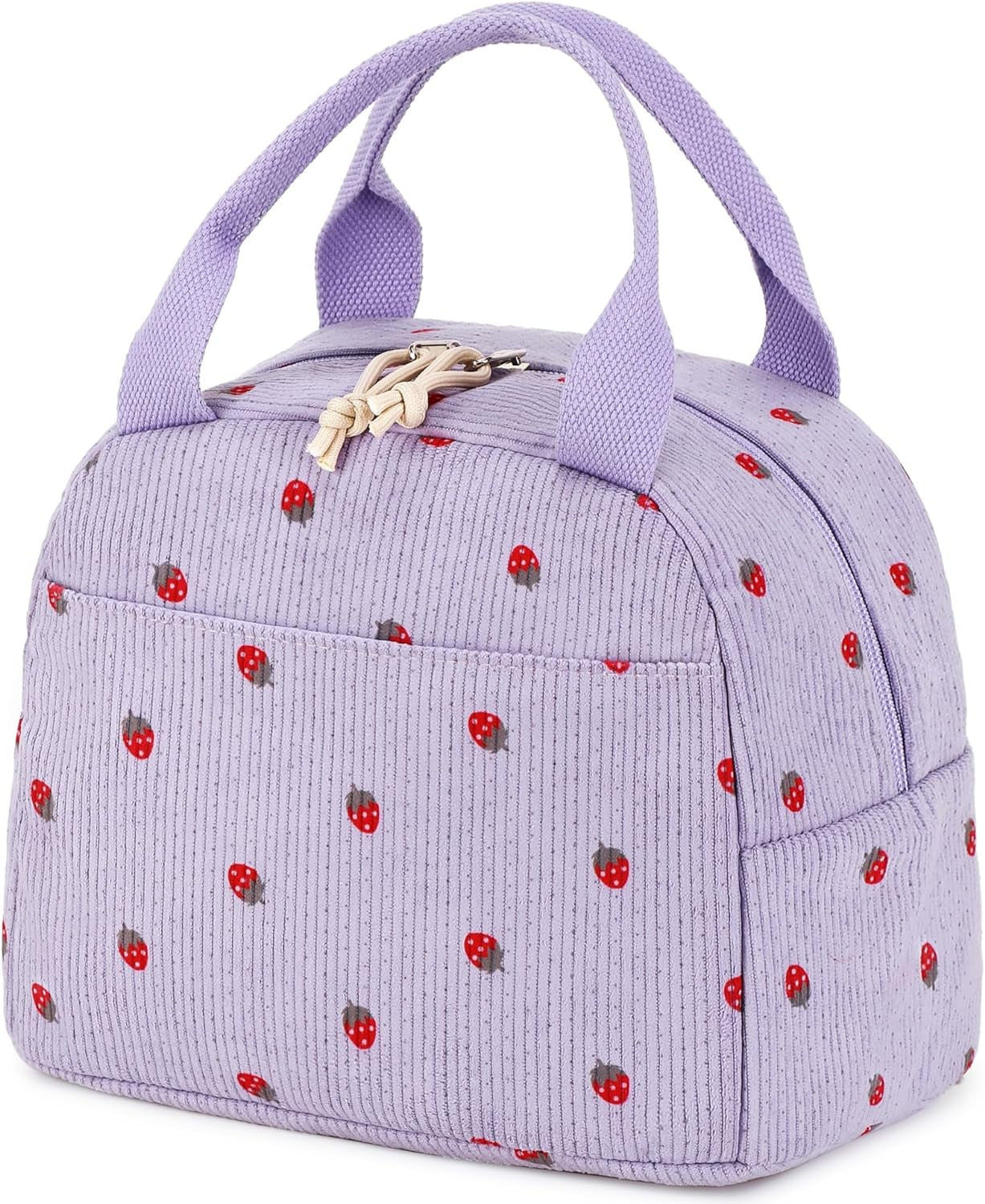 Corduroy Insulated Lunch Tote Bag for Men and Women - Reusable Large Capacity Cooler for Work, Picnics, and Travel (Strawberry Design)