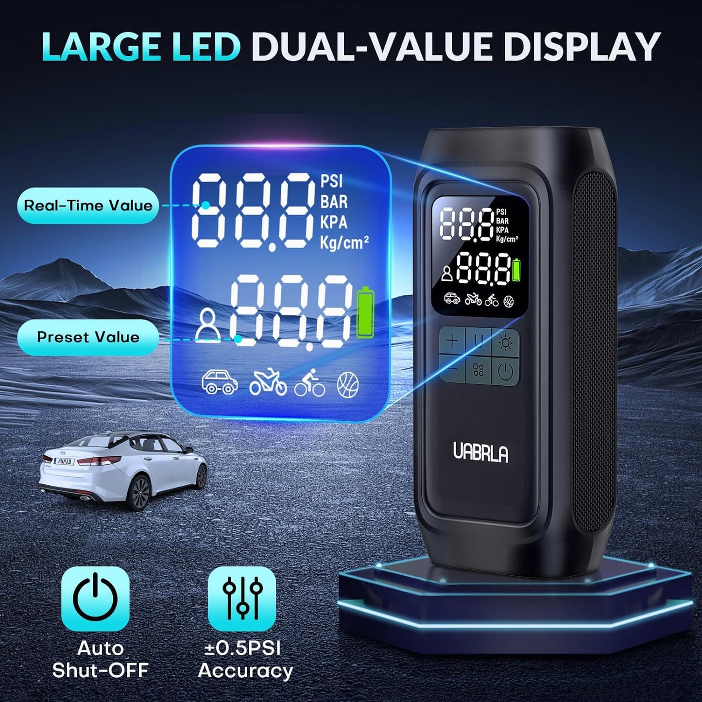 Portable Tire Inflator - Air Compressor, 150 PSI, 20,000 mAh Cordless Design, Automatic Shut-Off, Digital Gauge - Cars, Motorcycles, Sports Equipment