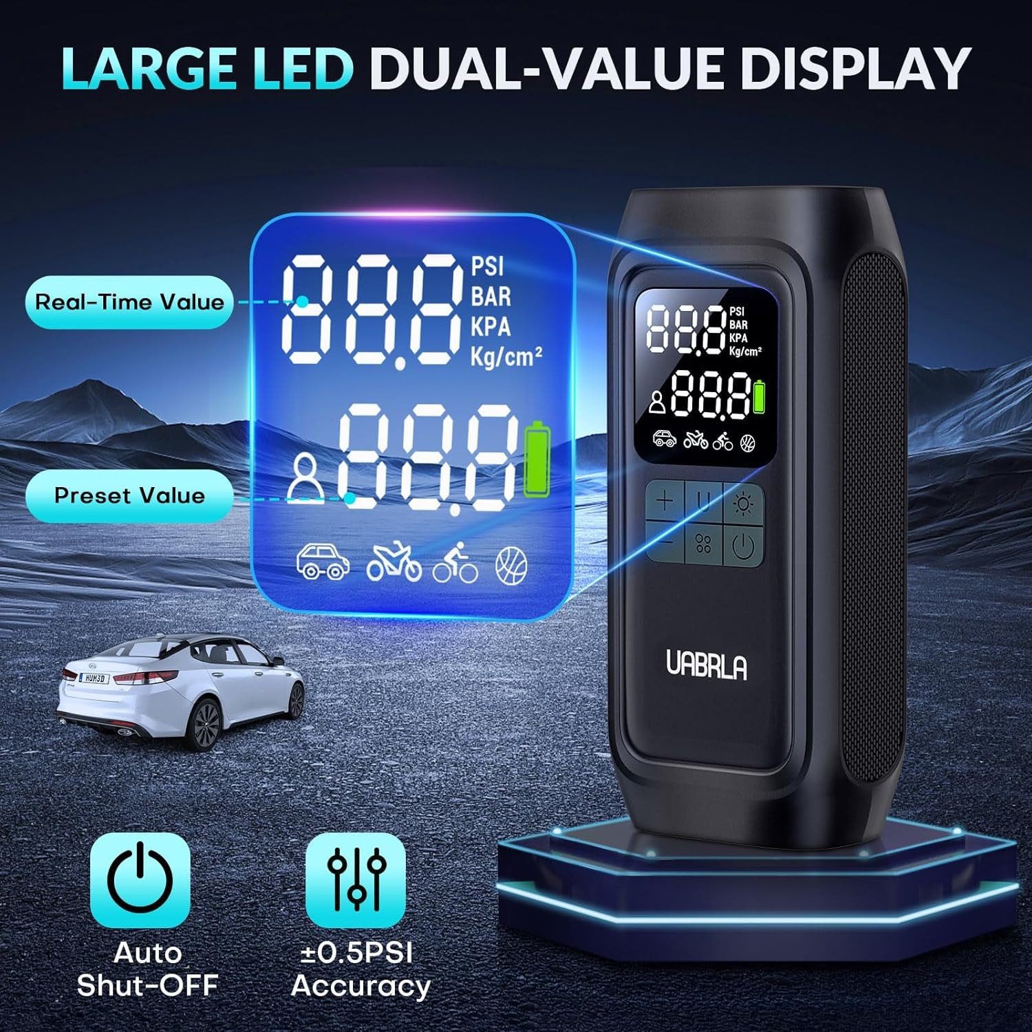 Portable Tire Inflator - Air Compressor, 150 PSI, 20,000 mAh Cordless Design, Automatic Shut-Off, Digital Gauge - Cars, Motorcycles, Sports Equipment