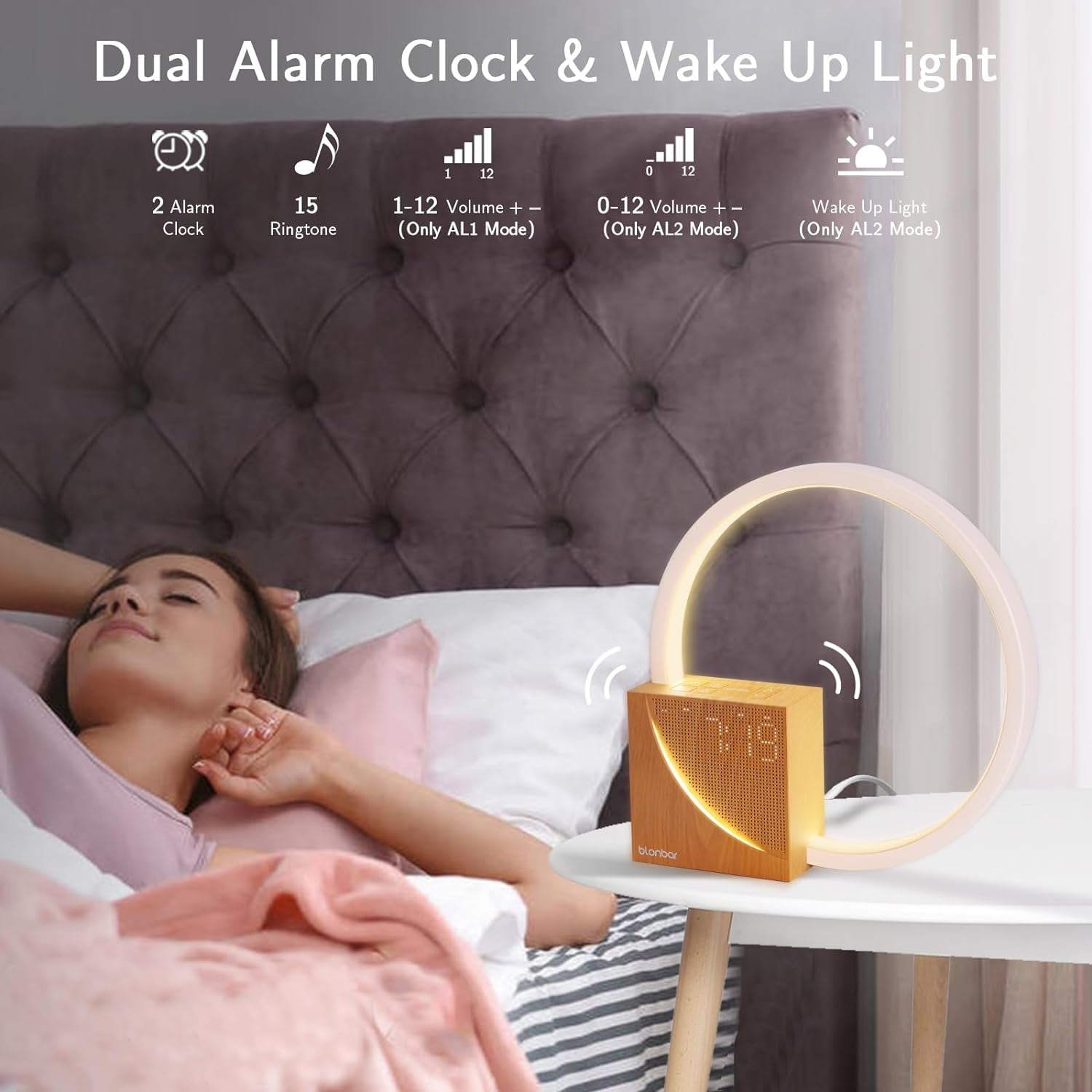 Sunrise Alarm Clock Bedside Lamp with Touch Control, 10 Natural Sounds, and Adjustable Brightness for Bedroom and Living Room