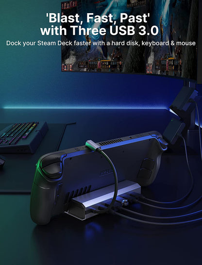 6-in-1 Docking Station for Steam Deck, ROG Ally, and Legion Go - HDMI 2.0 4K@60Hz, Gigabit Ethernet, 3 USB-A 3.0 Ports, and 100W USB-C Charging 