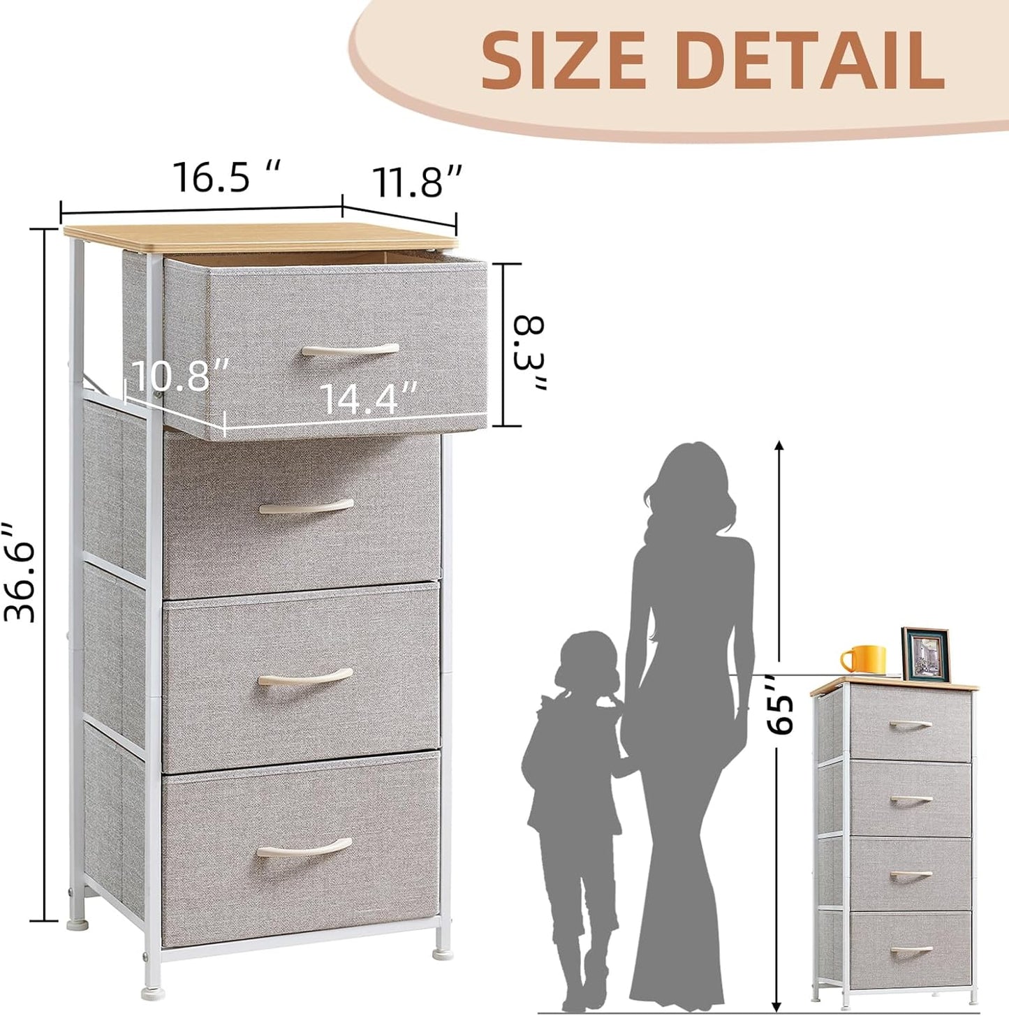 Tall Dresser for Bedroom with 4 Drawers, Storage Organizer Chest of Drawers with Removable Fabric Bins for Living Room Closet Bedside Nursery Laundry Entryway Hallway, Ash Grey