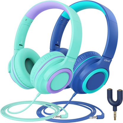 2-Pack Children's Headphones with Sharing Splitter - 94dB Volume Limiting - HS22 Wired Stereo Headphones for Kids and Teens, Tangle-Free 3.5mm Jack, Foldable Design for School, Tablets, and Travel