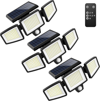 Solar Outdoor Lights 2500LM 210 LED Security Lights with Remote Control,3 Heads Motion Sensor Lights, IP65 Waterproof,270° Wide Angle Flood Wall Lights with 3 Modes(3 Packs)