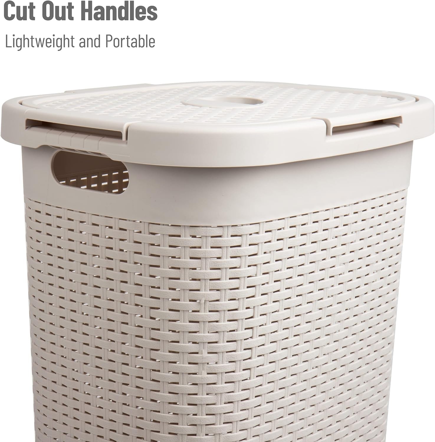 60L Slim Laundry Hamper - Lid, Wicker Design, Plastic Construction, Dimensions: 44.8L x 34.9W x 61.3H cm, Ivory