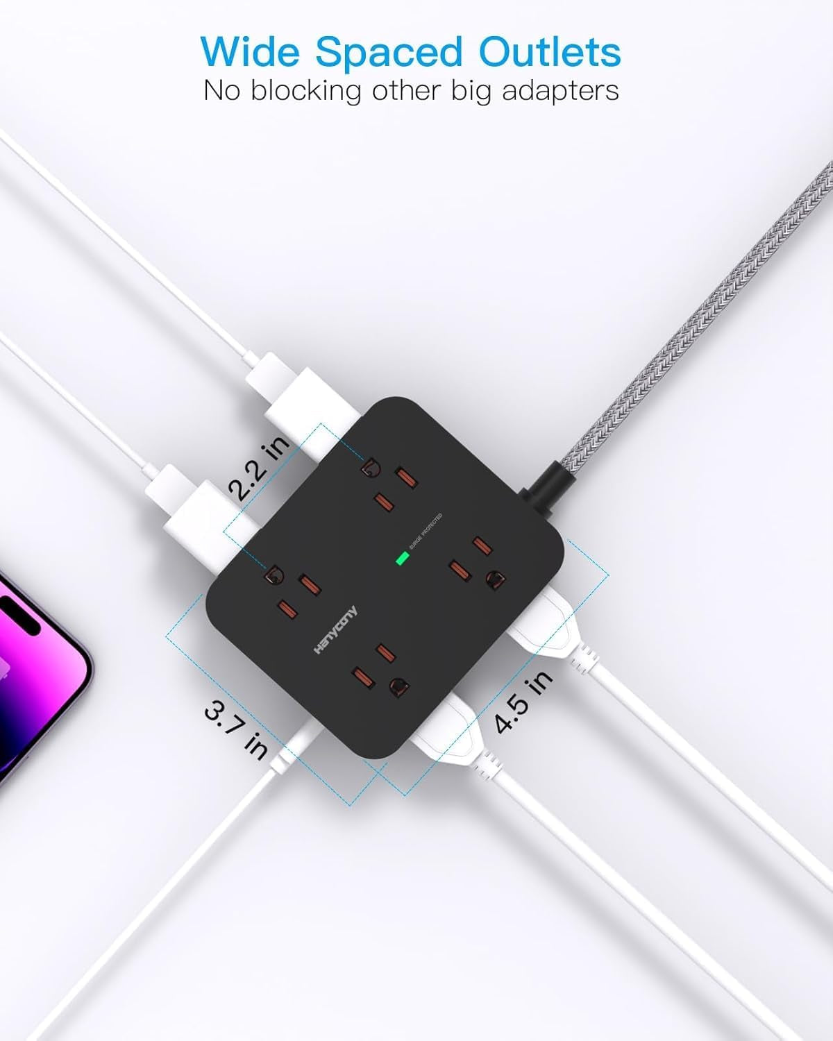 Surge Protector Power Strip -8 Outlets, 4 USB Charging Ports (2 USB-C), 3-Sided Outlet Extender, 5 Ft Braided Extension Cord, Flat Plug, Wall Mount, and Desk Charging Station
