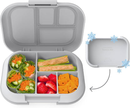 Children's Leak-Proof Lunch Box with Reusable Ice Pack - 4-Compartment Bento Container, Microwave & Dishwasher Safe, 2-Year Warranty (Gray)