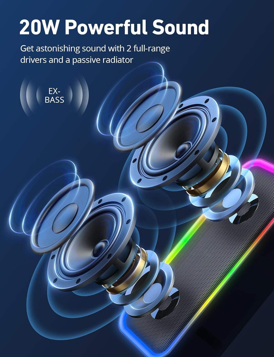 Portable Bluetooth Speaker - IPX5 Waterproof with RGB Lighting, 18-Hour Playtime, and Hi-Fi Stereo Sound