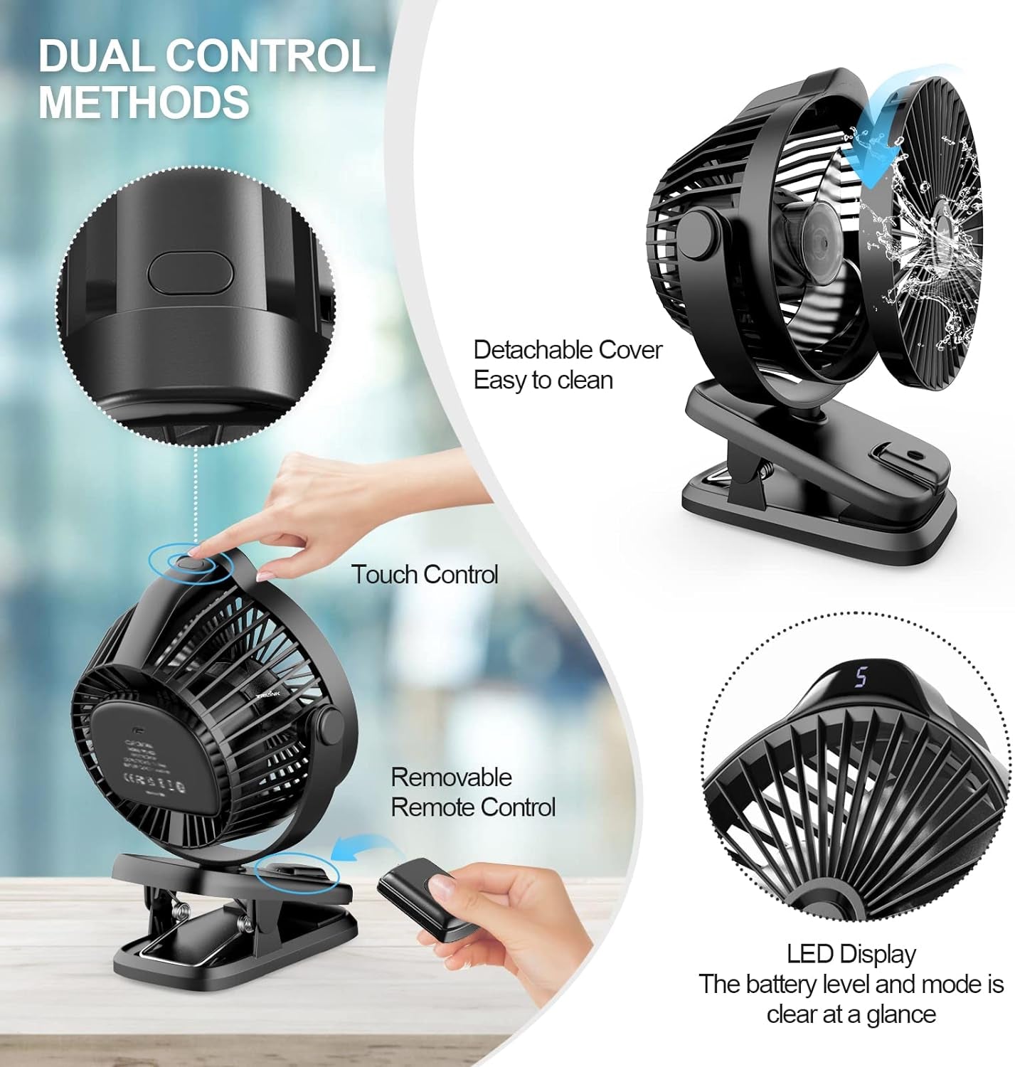 Portable Rechargeable Mini Desk Fan with Remote Control | 8000mAh Battery | 5 Speed Settings | 5-Inch Clip-On Fan
