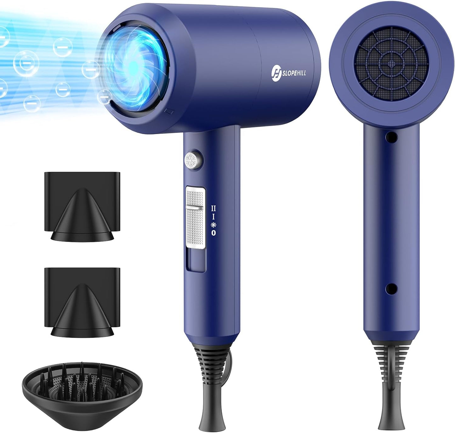 Ionic Hair Dryer - 1800W Professional Fast-Drying Blow Dryer with Low Noise, 2 Concentrator Nozzles, and 1 Diffuser Attachment