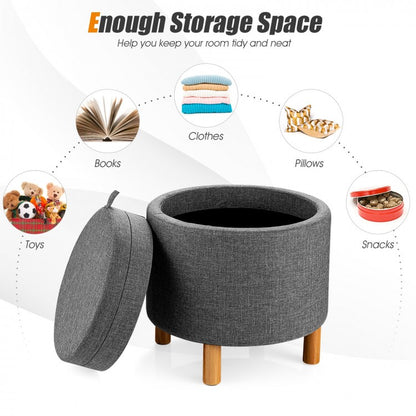 Round Fabric Storage Ottoman with Tray and Non-Slip Pads for Bedroom Organization