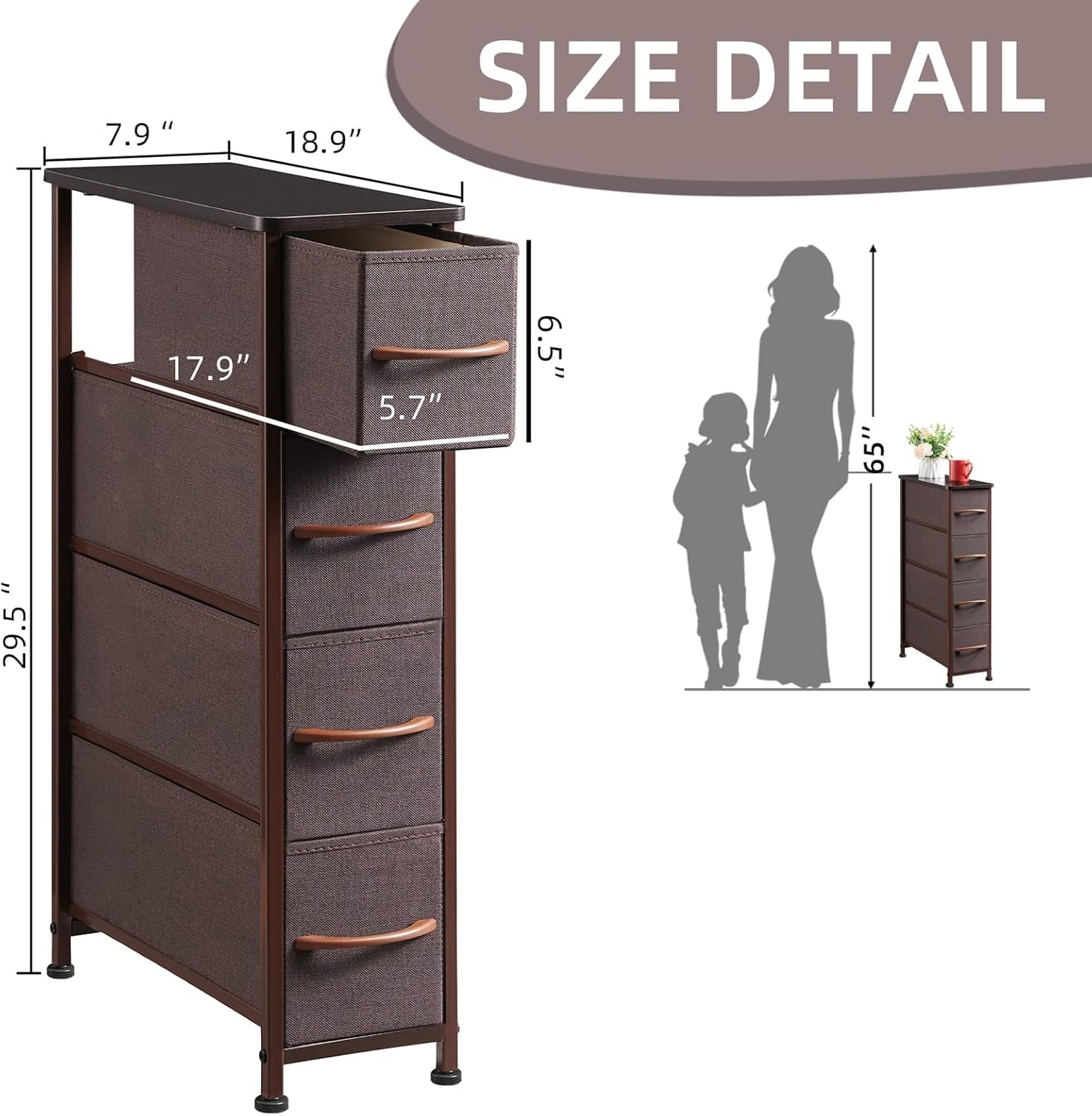 Narrow Dresser with 4 Drawers, Slim Storage Chest of Drawers with Removable Fabric Drawers for Closet Small Spaces Bathroom Bedroom Laundry, Coffee Brown
