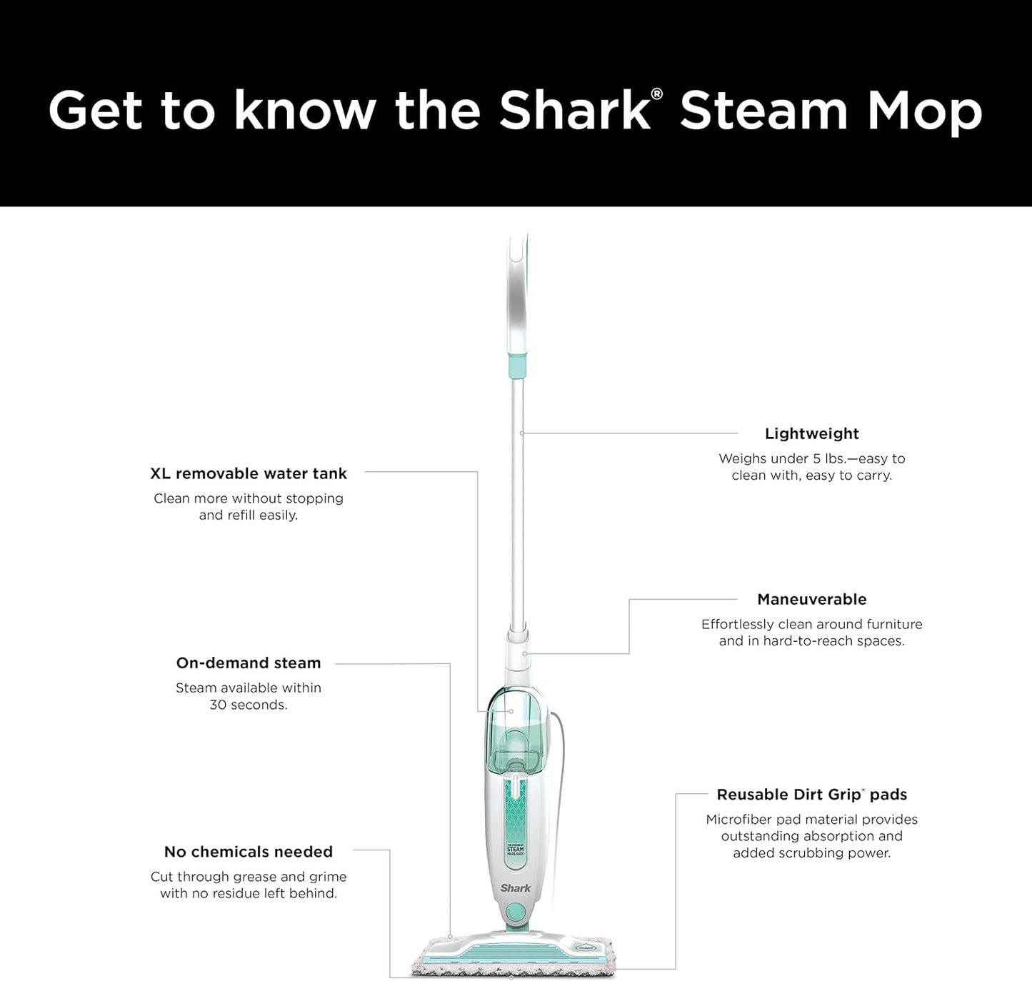 Lightweight Steam Mop with Two Machine Washable Dirt Grip Pads, Safe for All Sealed Hard Floors, Removable Water Tank, White/Seafoam