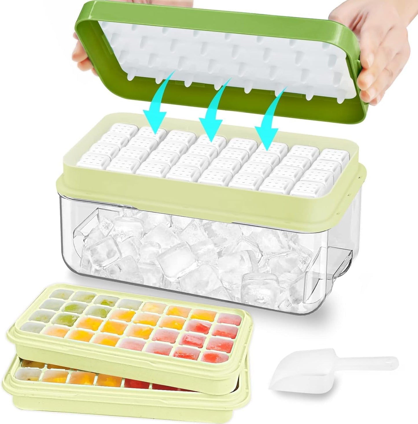 Ice Cube Trays with Lids and Storage Bin, Enhanced Easy Release Silicone & Plastic Design, Stackable, BPA-Free, Set of 2