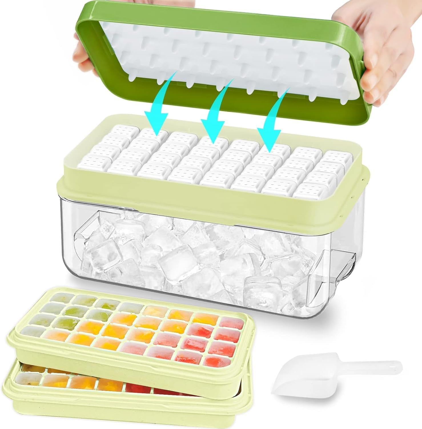 Ice Cube Trays with Lids and Storage Bin, Enhanced Easy Release Silicone & Plastic Design, Stackable, BPA-Free, Set of 2