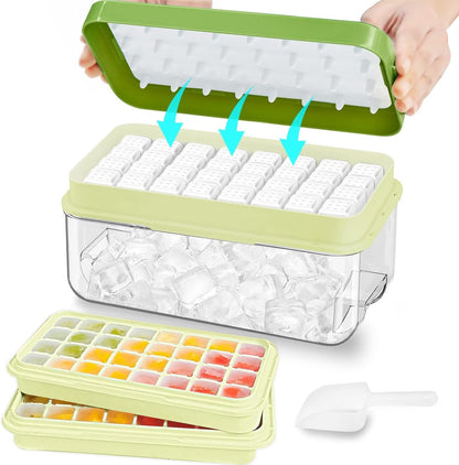 Ice Cube Trays with Lids and Storage Bin, Enhanced Easy Release Silicone & Plastic Design, Stackable, BPA-Free, Set of 2