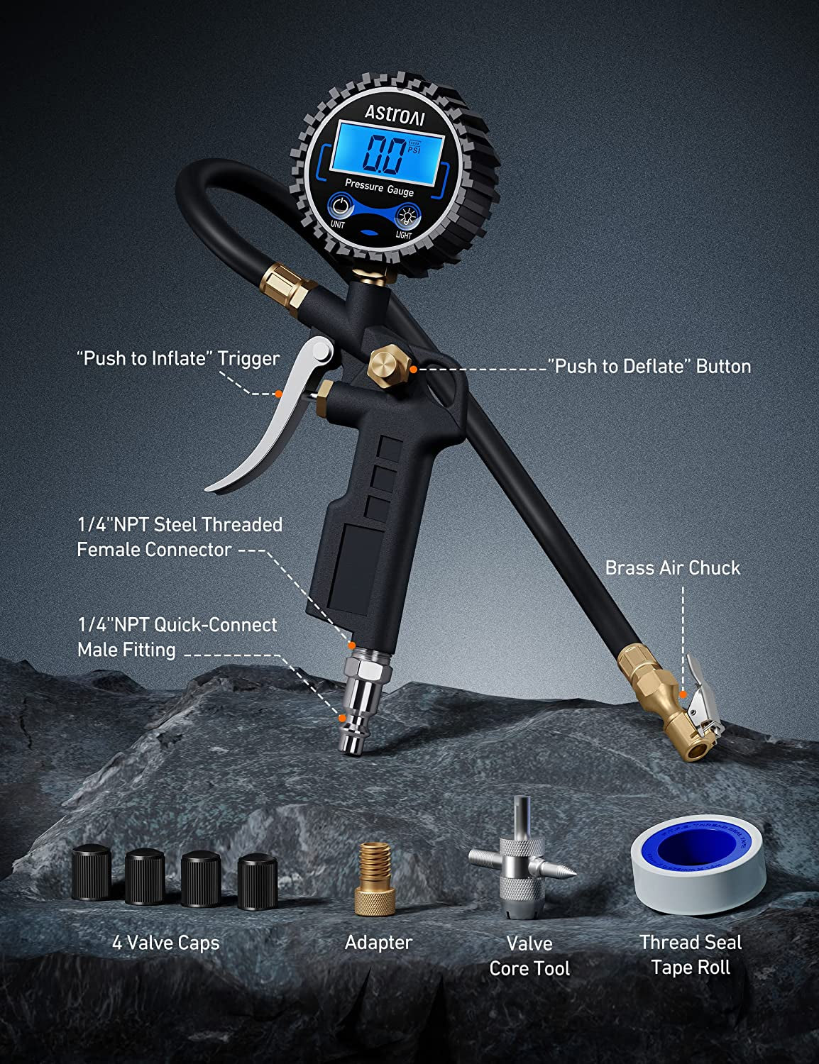 Digital Tire Pressure Gauge | Inflator, 250 PSI Air Chuck - Compressor Accessories Heavy Duty - Quick Connect Coupler, 0.1 Display Resolution