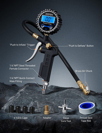 Digital Tire Pressure Gauge | Inflator, 250 PSI Air Chuck - Compressor Accessories Heavy Duty - Quick Connect Coupler, 0.1 Display Resolution