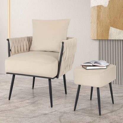 Contemporary Dutch Velvet Accent Chair and Ottoman Set with Woven Back and Armrests