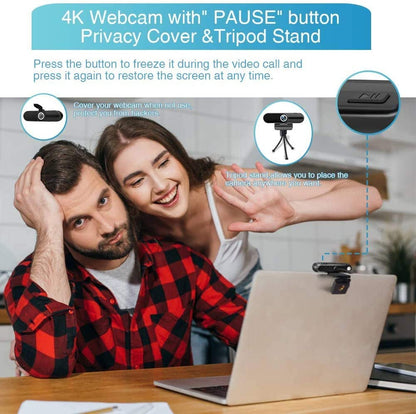 4K Ultra HD Webcam with Microphone and Mini Tripod, 8 Megapixel Streaming Camera for Laptop and Desktop, Featuring Privacy Shutter