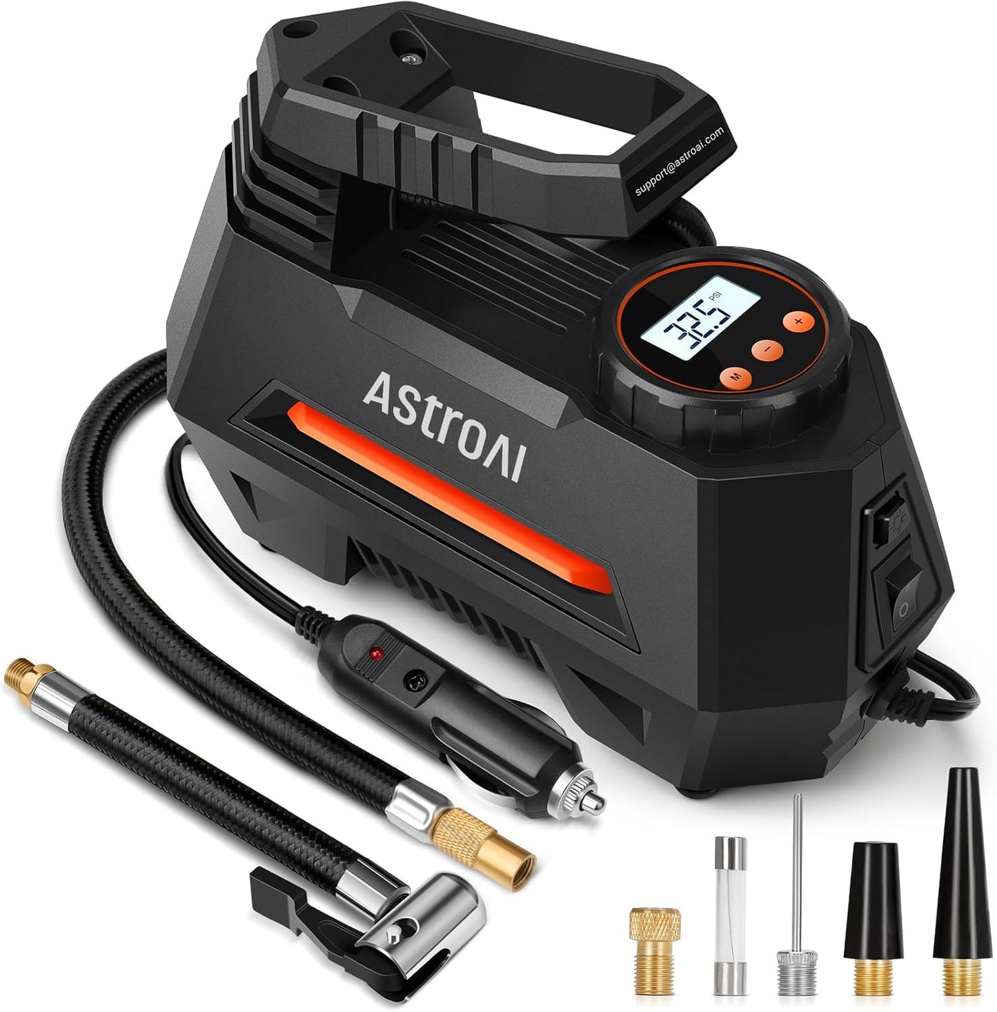 Portable Tire Inflator, Air Compressor - Digital Pressure Gauge, Emergency LED Light - 12V DC Auto Pump for Cars