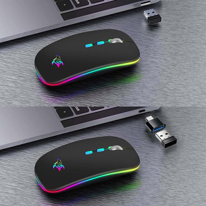 LED Wireless Mouse, Slim Rechargeable Silent Bluetooth Mouse, Portable USB Optical 2.4G Wireless Bluetooth Two Mode Computer Mice with USB Receiver and Type C Adapter (Black)