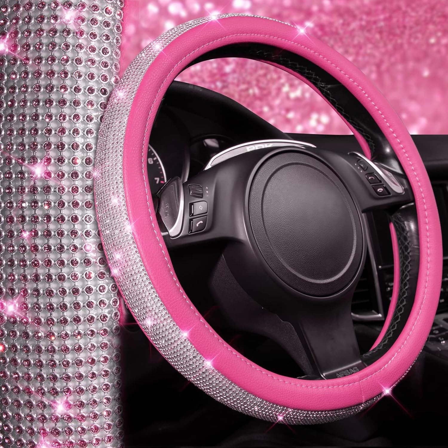 Diamond Pink Leather Steering Wheel Cover - Crystal Rhinestones - Universal Fit 14.5" to 15" - Sparkling Accessory