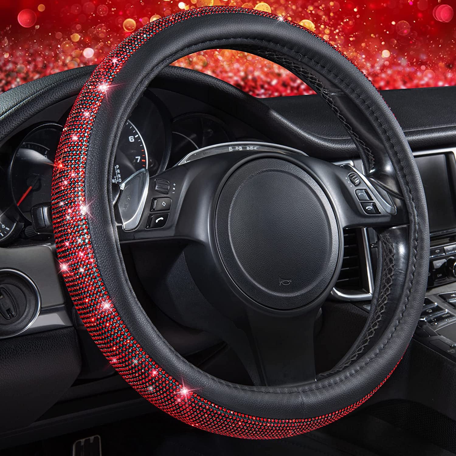 Diamond Pink Leather Steering Wheel Cover - Crystal Rhinestones - Universal Fit 14.5" to 15" - Sparkling Accessory