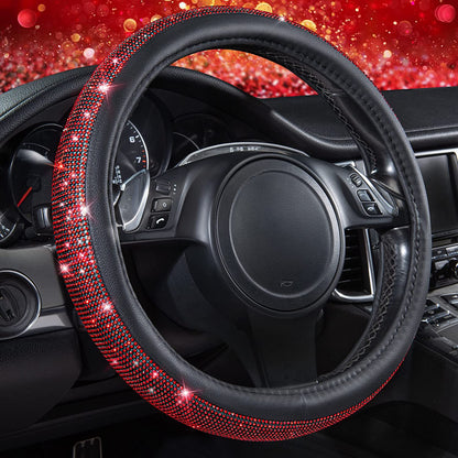 Diamond Pink Leather Steering Wheel Cover - Crystal Rhinestones - Universal Fit 14.5" to 15" - Sparkling Accessory
