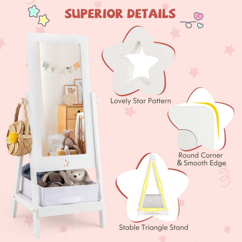 360-Degree Rotatable Full-Length Mirror for Kids with Integrated Storage Bin