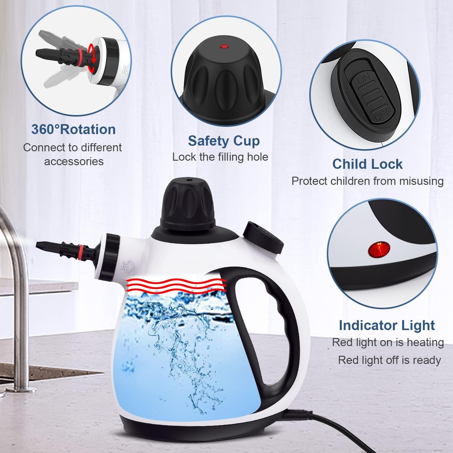 Portable Handheld Steam Cleaner with 10-Piece Accessory Kit for Multi-Purpose Home and Vehicle Cleaning