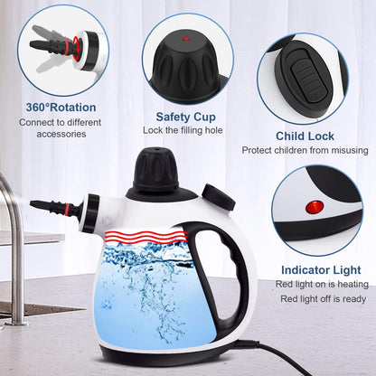 Portable Handheld Steam Cleaner with 10-Piece Accessory Kit for Multi-Purpose Home and Vehicle Cleaning