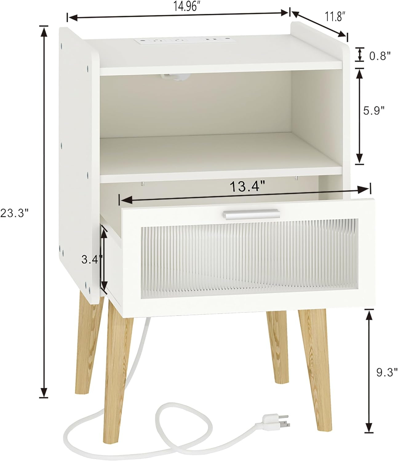 Elegant Nightstand with Integrated Charging Station, Glass-Fronted Decorative Door, and Dual-Tier Storage, White 