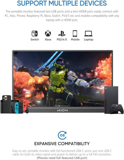 Portable Monitor 15.6'' FHD 1080P Kickstand Portable Laptop Monitor IPS Computer External Screen USB C HDMI Display for PC MAC Phone Xbox PS5 - A1