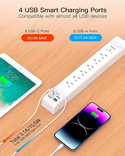 Dual Pack Power Strip - Surge Protector with 6 Outlets and 4 USB Charging Ports, 5Ft Braided Extension Cord, Flat Plug, Overload Protection, Wall Mount for Home and Office Use