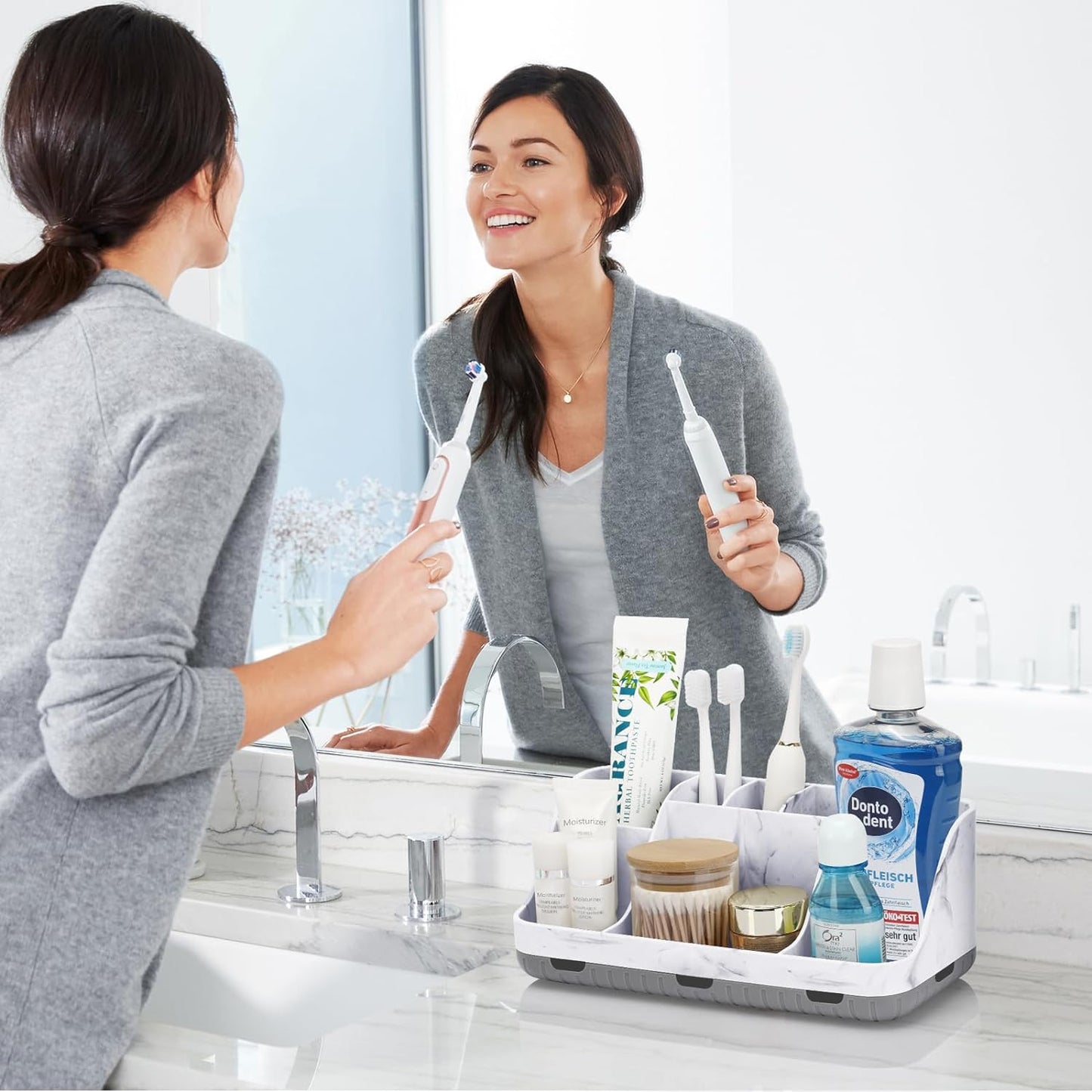 Detachable 7-Slot Marble Bathroom Organizer for Electric Toothbrushes and Toothpaste 