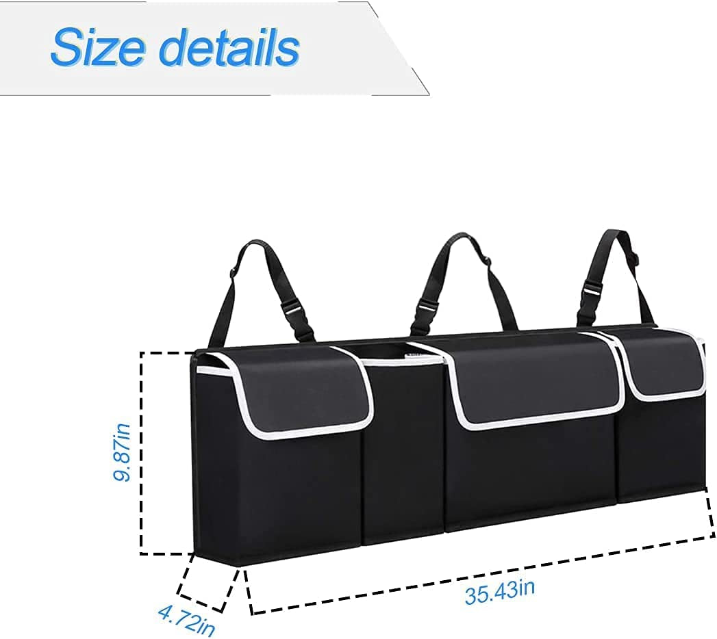 Car Trunk Organizer - Waterproof, Durable Backseat Hanging Cargo Bag with Adjustable Anti-Slip Straps and 4 Pockets (Black)