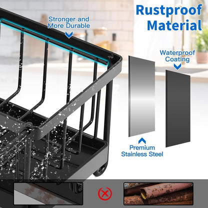 Kitchen Sink Organizer Sponge Holder with Dishrag and Dishcloth Rack, Rustproof 304 Stainless Steel with Auto Draining Tray