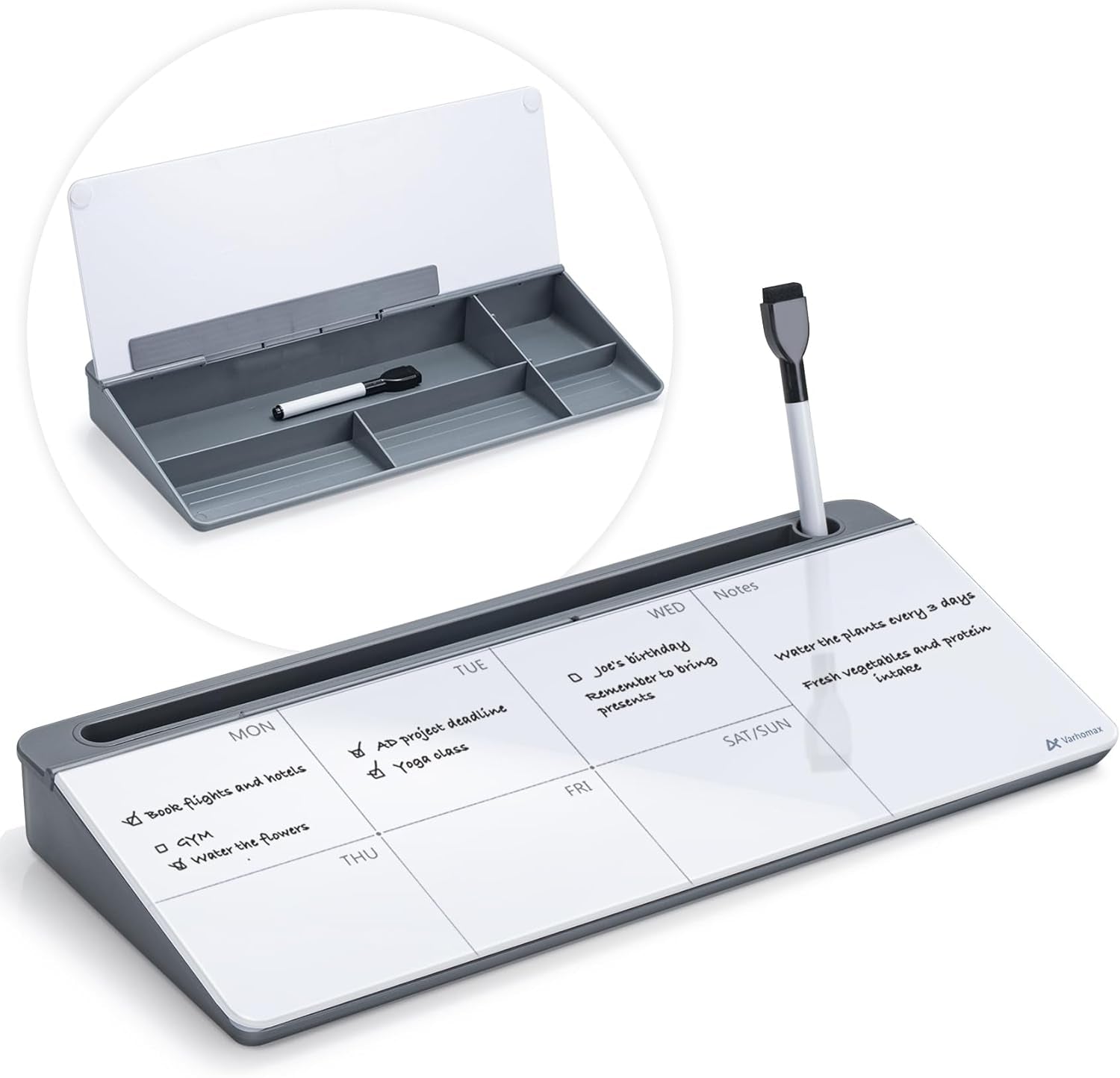 Dry Erase Glass Desk Whiteboard with Storage Caddy - Desktop Memo Notepad for Home Office and School (Gray)