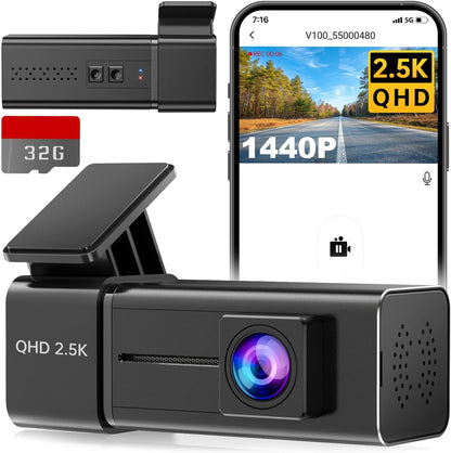 2.5K WiFi Dash Cam with Night Vision, G-Sensor, Loop Recording, and 24-Hour Parking Mode - Includes Free 32GB SD Card, Up to 256GB