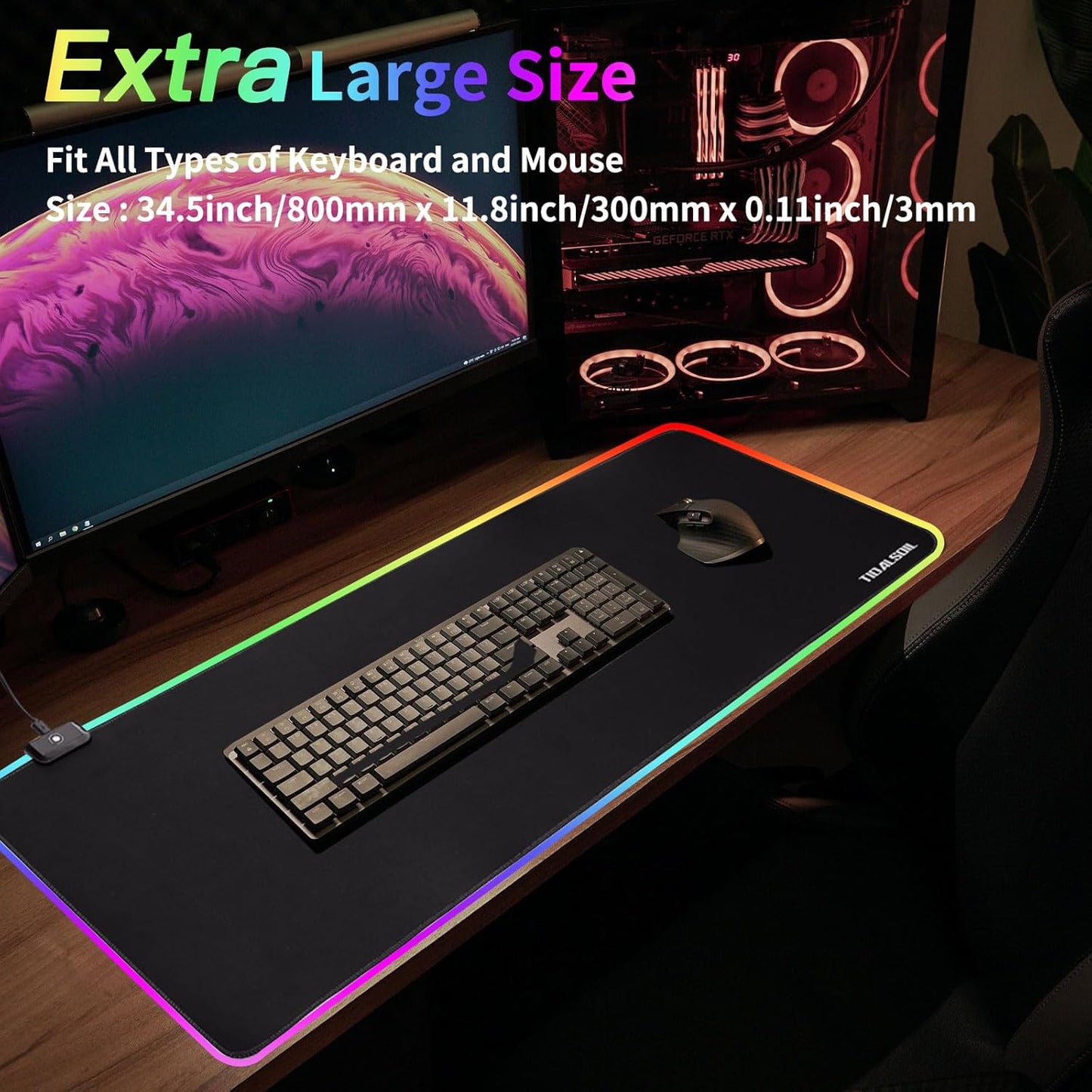 RGB Gaming Mouse Pad, Oversized Mouse Mat with 12 Light Modes, Non-Slip Rubber Base, Large Computer Keyboard Mouse Pad for PC Gaming, Office, 800 X 300 X 3 Mm, Black