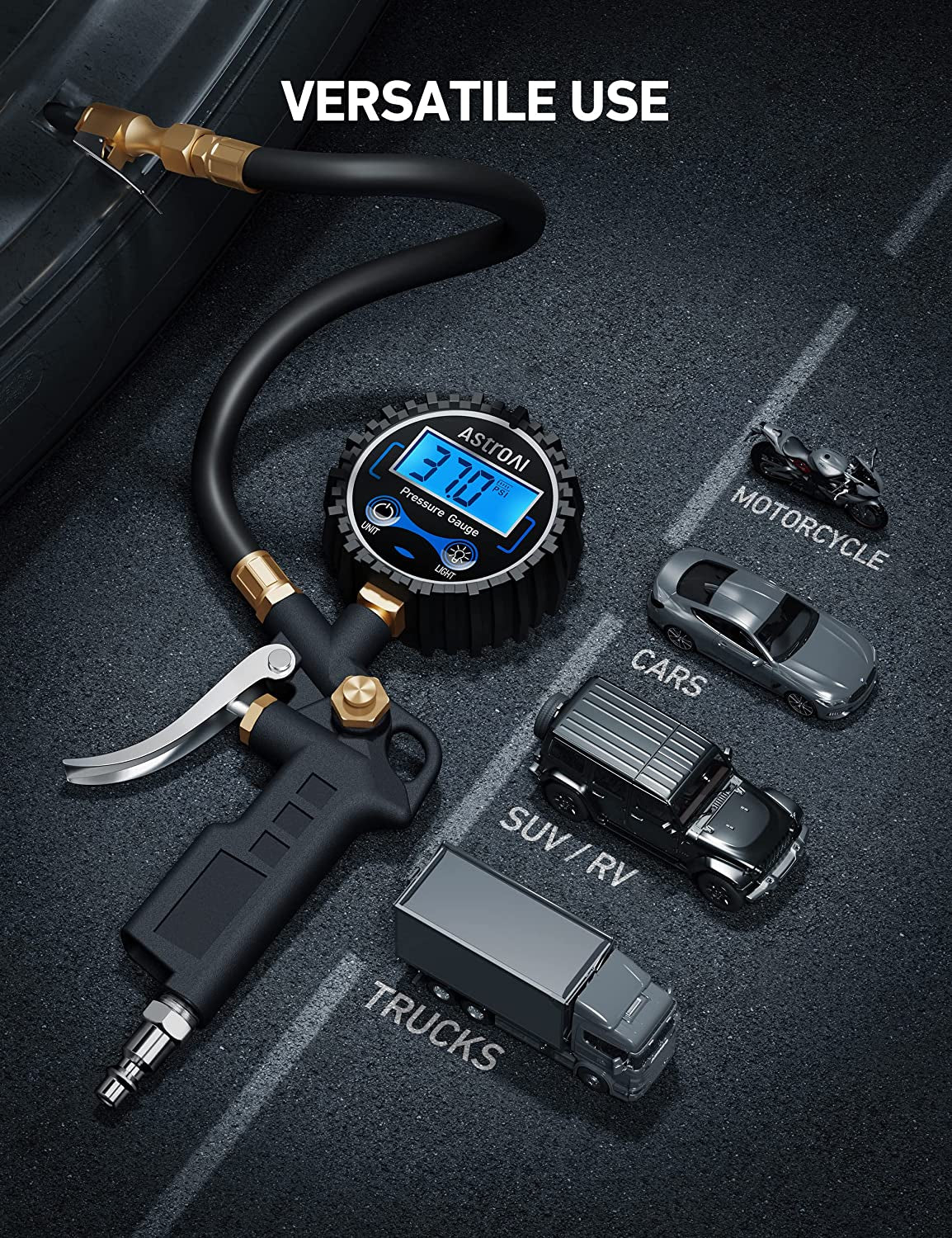 Digital Tire Pressure Gauge | Inflator, 250 PSI Air Chuck - Compressor Accessories Heavy Duty - Quick Connect Coupler, 0.1 Display Resolution