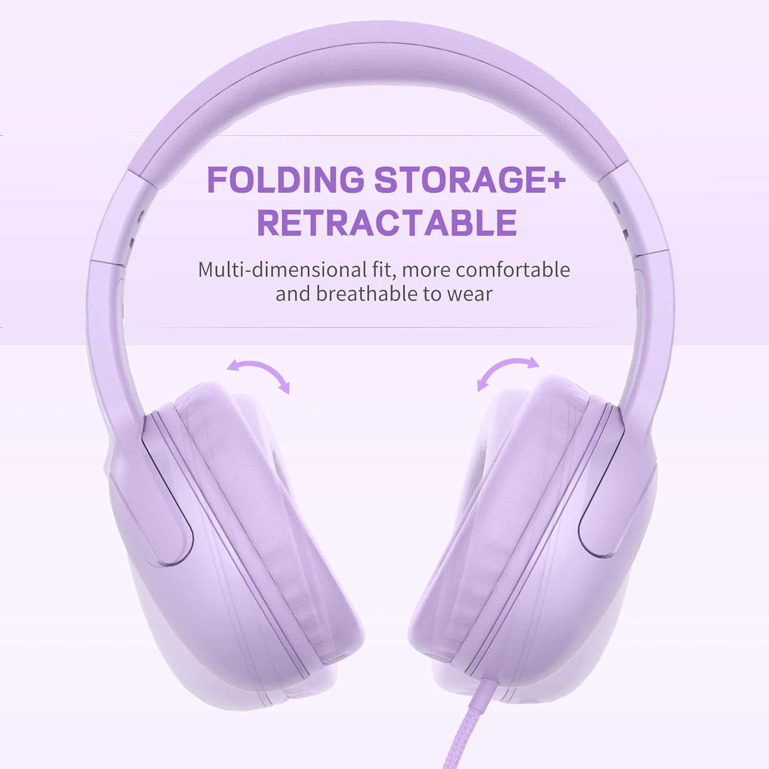 Foldable Wired Headphones for Kids with Tangle-Free Nylon Wire and 3.5mm Jack - Stereo On-Ear Headsets for Tablets, iPads, and Travel (Purple)