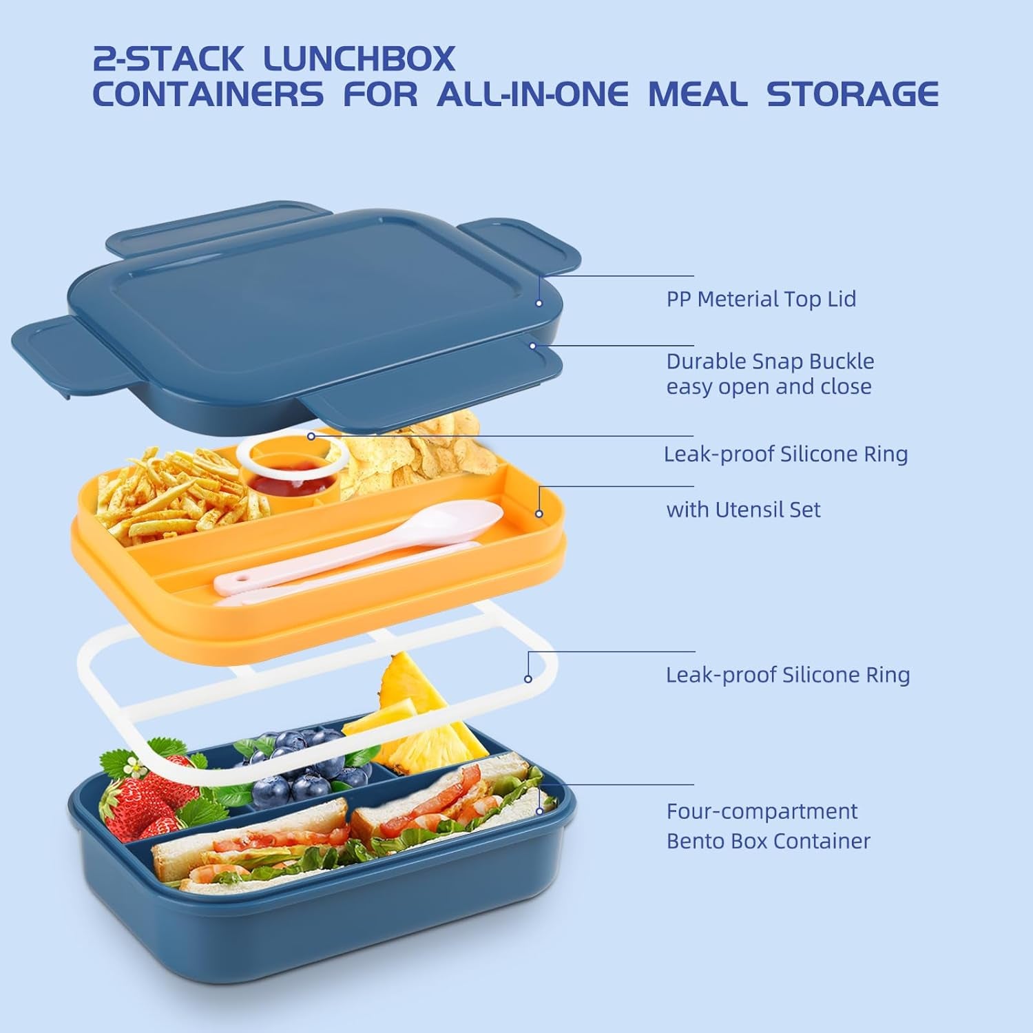 Lunch Box - 2000 ML Stackable Container - 8 Compartments, Leak-Proof Design, Built-In Sauce Container, Utensils Included - Blue