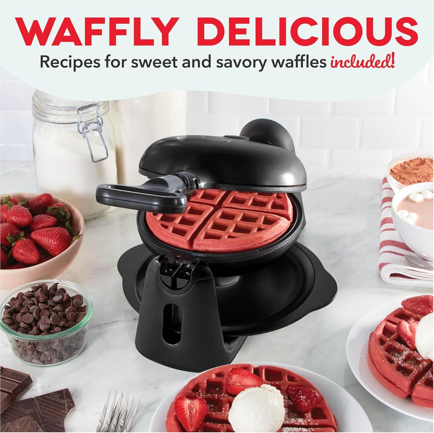 Belgian Waffle Maker with Rotating Design – 1” Thick Nonstick Waffle Iron for Quick Heat-Up, Ideal for Families and Kids (Black)